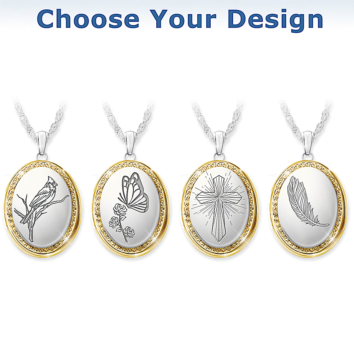 Memorial Locket With Gold Tone Accents And Engraved Icons Of A Cardinal Cross Butterfly Or Feather