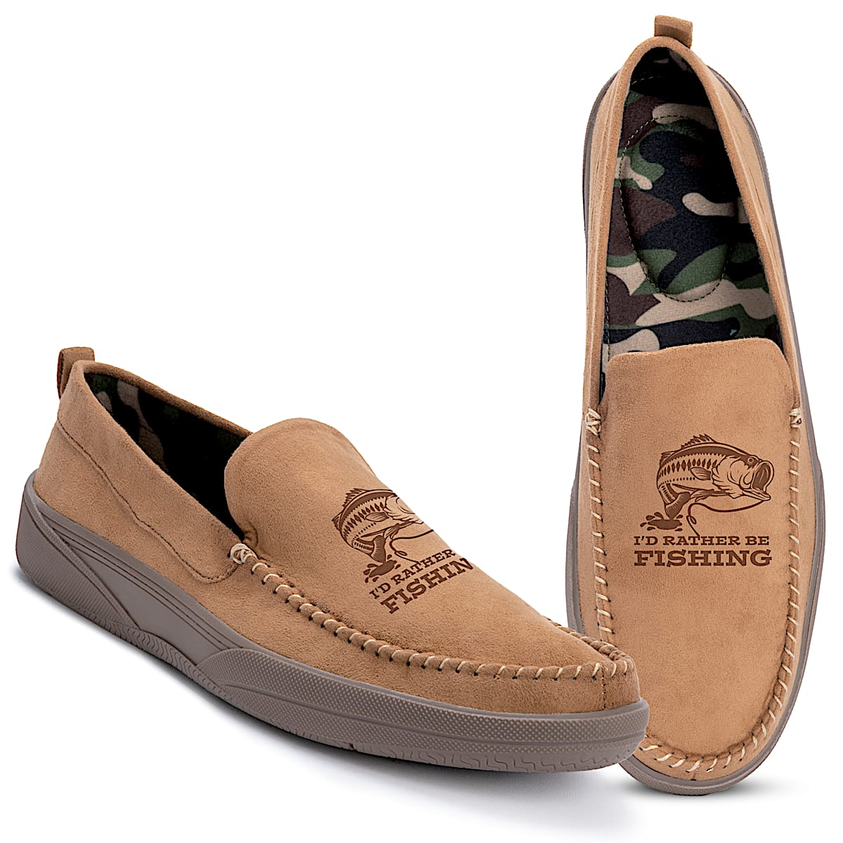Id Rather Be Fishing Mens Tan-Color Faux Suede Slip-On Shoes Featuring An  Embossed Image Of Fishing Art And Lined With Soft Flannel In A Camo Print
