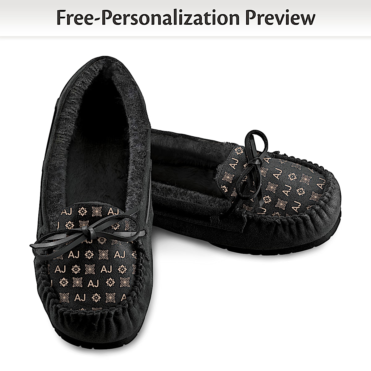 Just My Style Personalized Black Suede Moccasin-Style Slippers