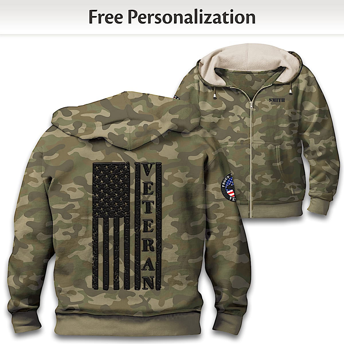 Proud Veteran Personalized Cotton Blend Camo Hoodie Featuring A ...