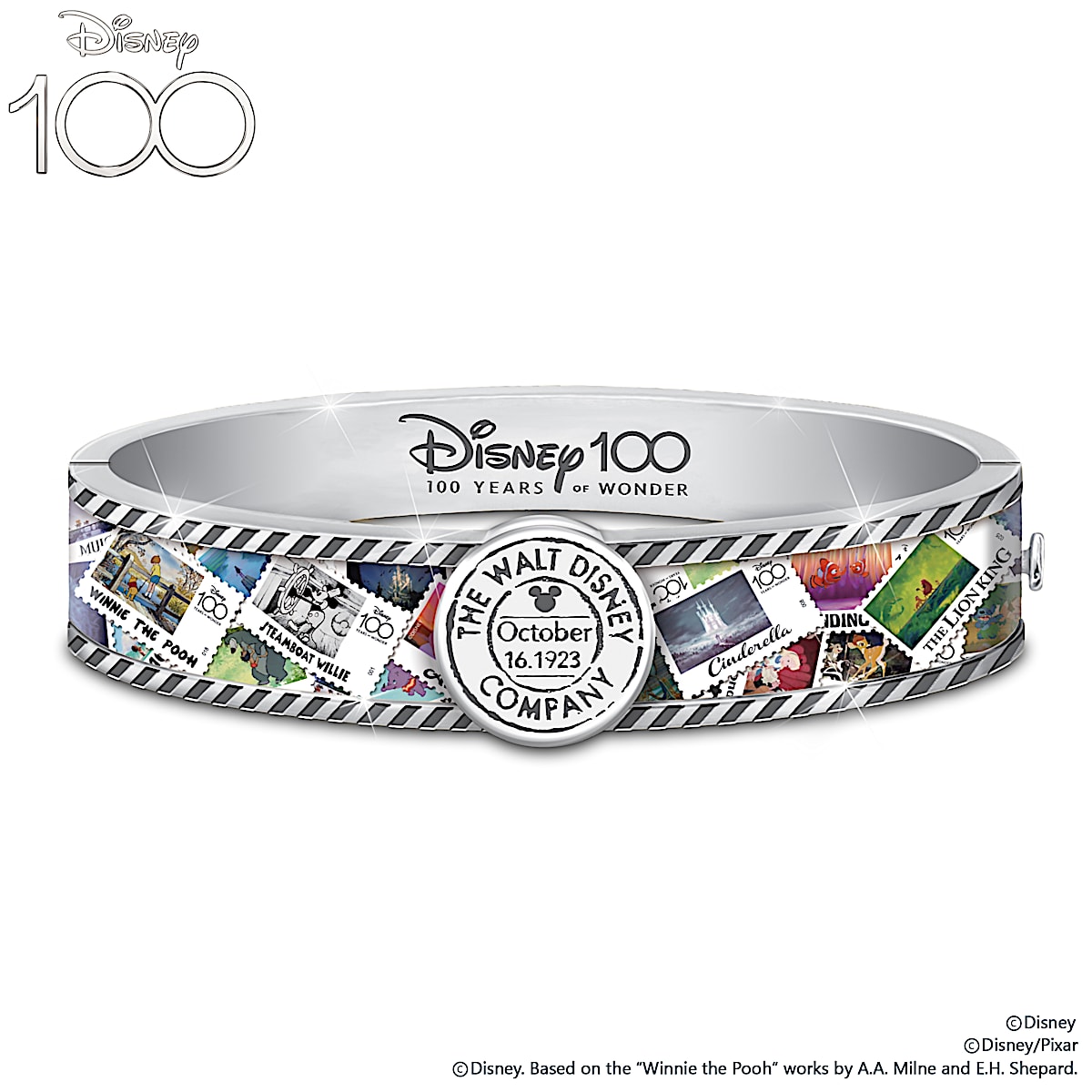 Disney100 Womens Platinum Plated Bangle Bracelet With A Hinge