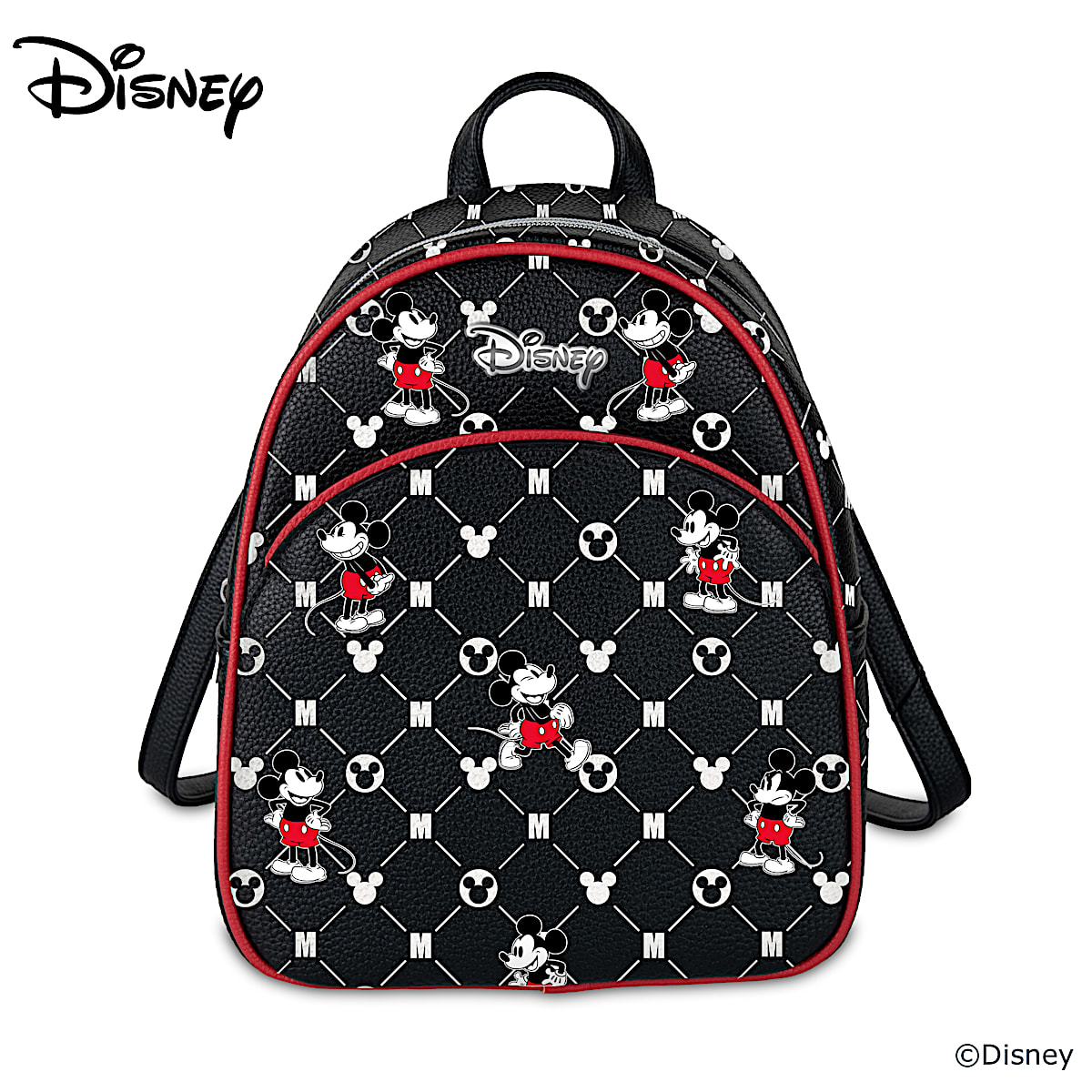 Black Faux Leather Backpack Featuring An All Over Disneys Mickey Mouse Pattern Adjustable Straps