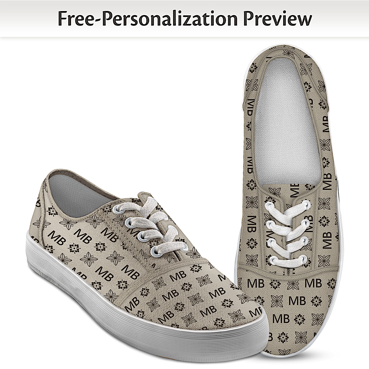 Just My Style Personalized Womens Tan Canvas Shoes Featuring An All Over Designer Style Pattern Incorporating 2 Initials