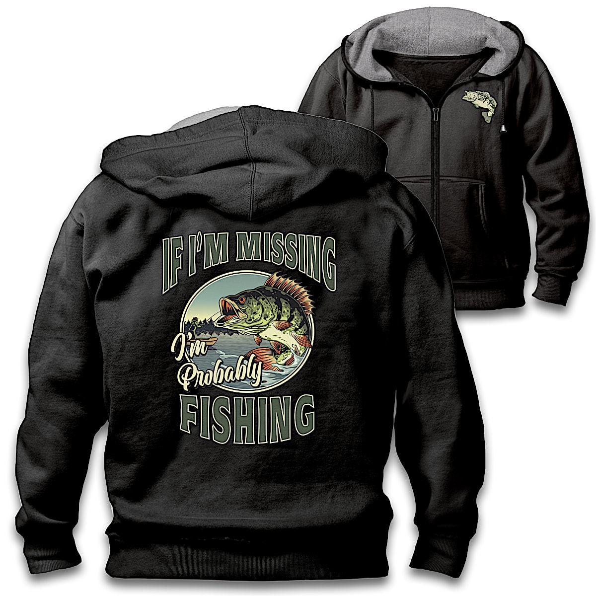 Black Gone Fishing Mens Hoodie Featuring Fishing Art Of A Big Mouth Bass