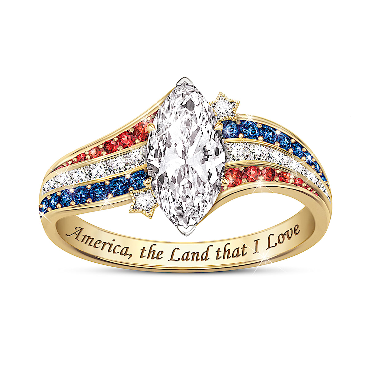 Womens 18K Gold Plated Patriotic Ring Adorned With Over 2 Carats Of
