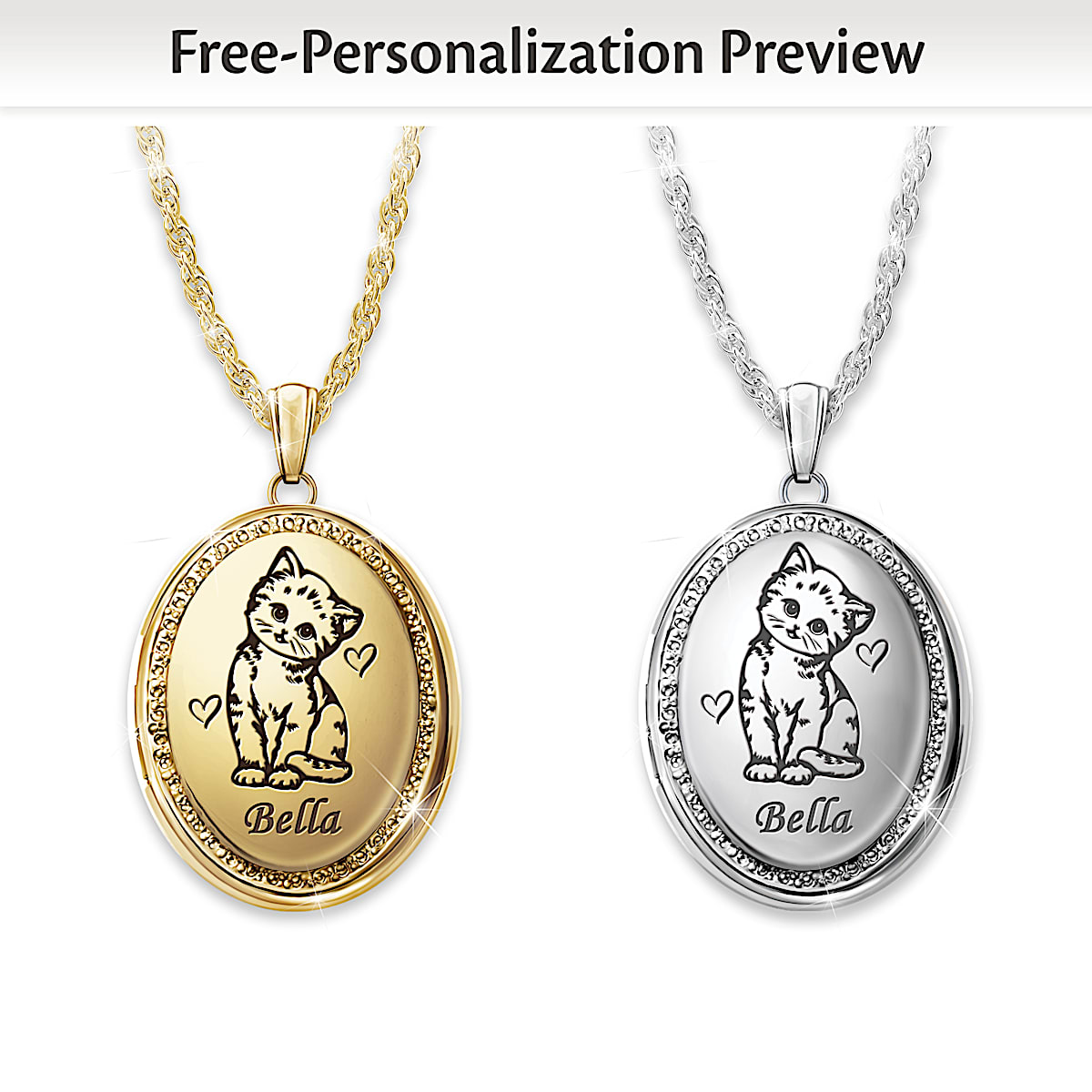 Oval Cat Locket In Your Choice Of Silver Tone Or Gold Tone Metal Personalized With Your Pets Name