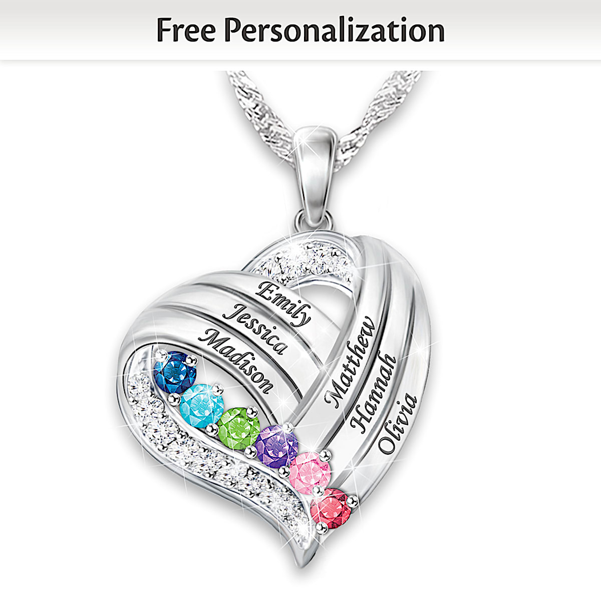 Sterling Silver-Plated Heart-Shaped Pendant Engraved With Up To 6 Names ...