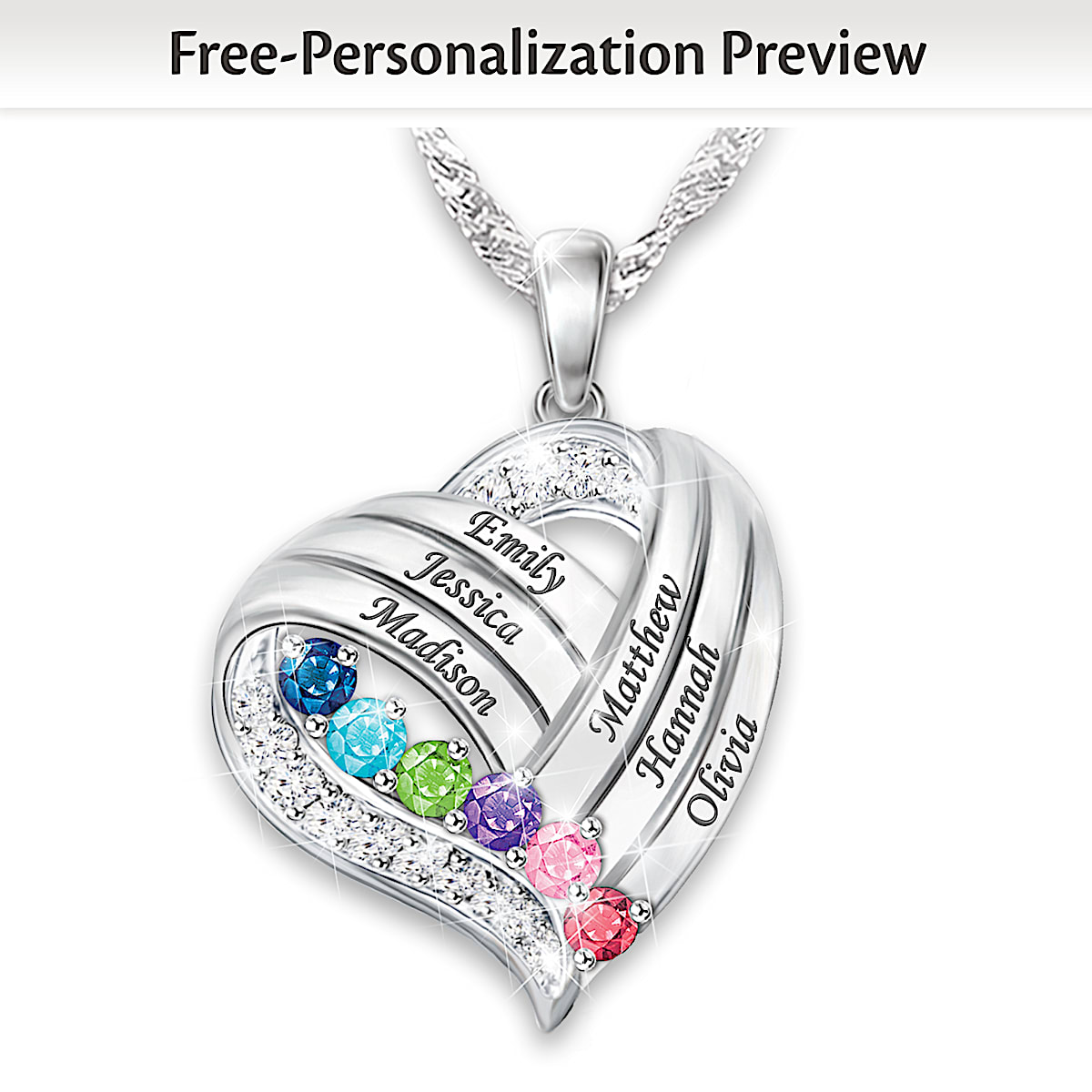 Sterling Silver Plated Heart Shaped Pendant Engraved With Up To 6 Names And 6 Crystal Birthstones
