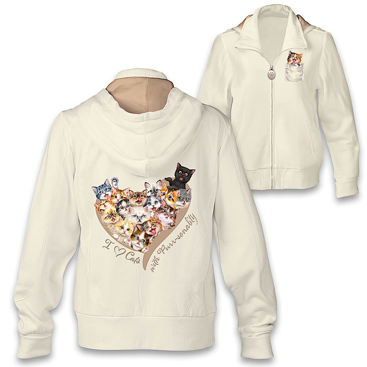 Ivory Cat-Themed Hoodie Featuring A Paw Print Zipper Pull And 