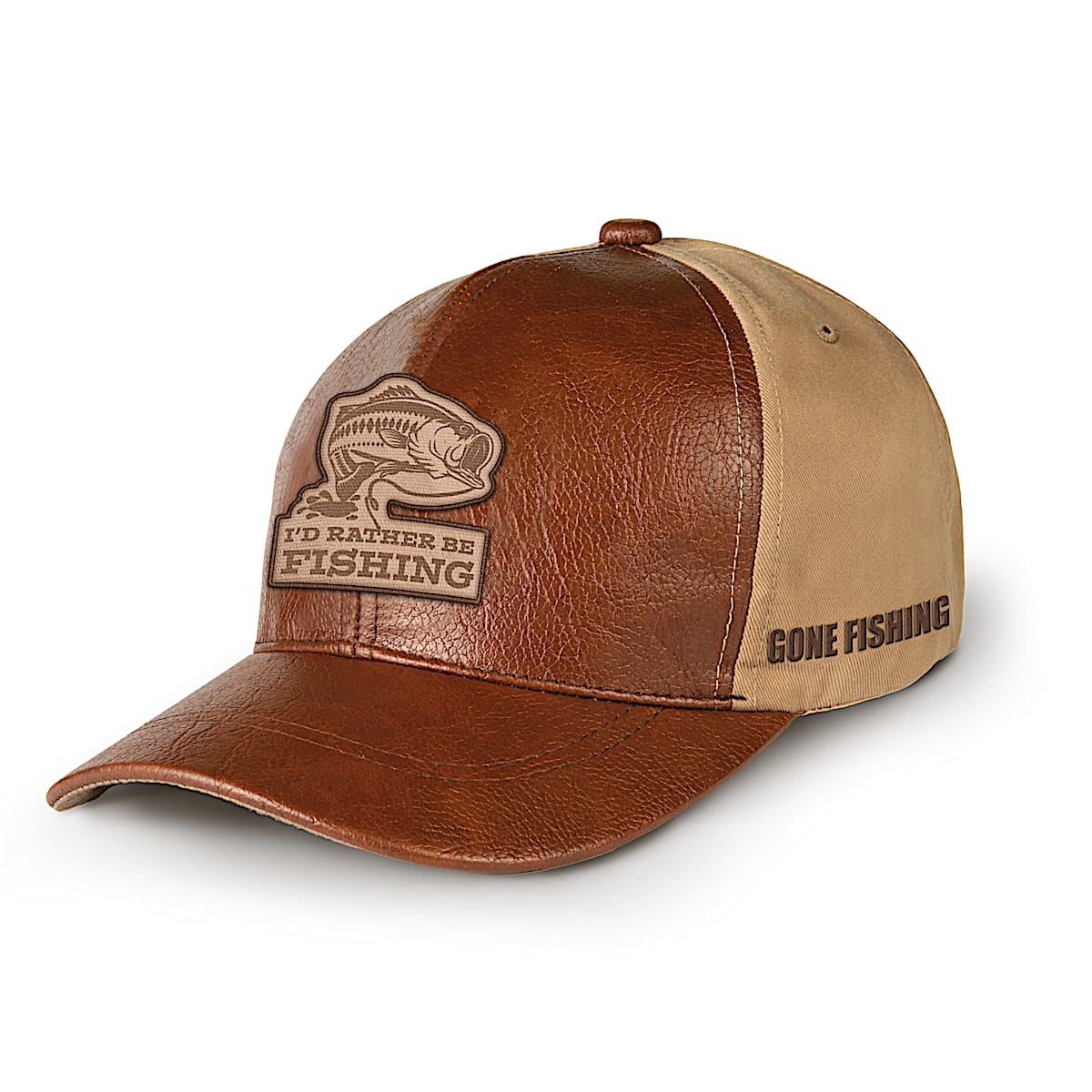 Brown Faux Leather Hat Featuring A Largemouth Bass Patch With The Phrase ID  RATHER BE FISHING