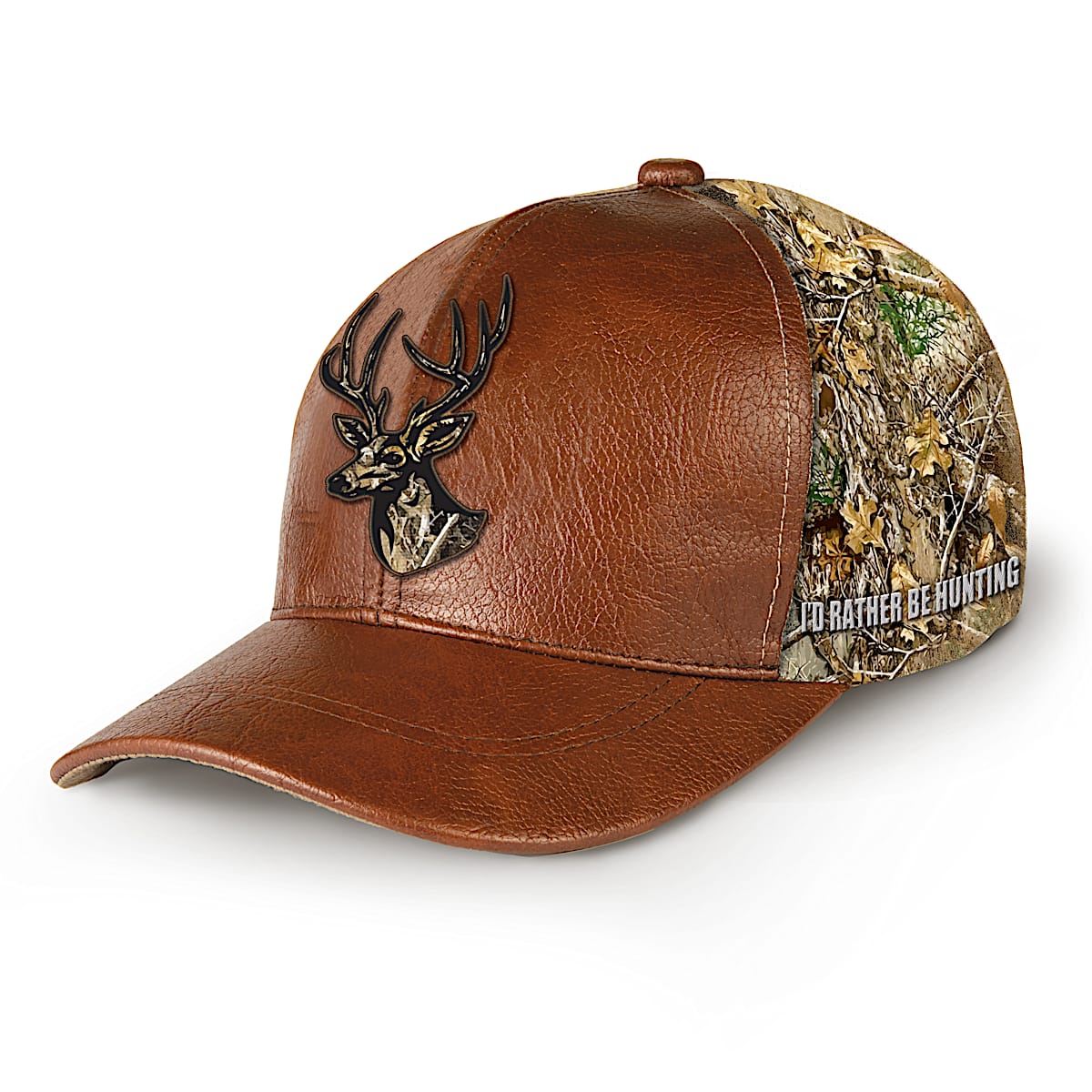 Brown Faux Leather Hat Featuring A Camouflage Buck Patch And The Phrase I'D  RATHER BE HUNTING