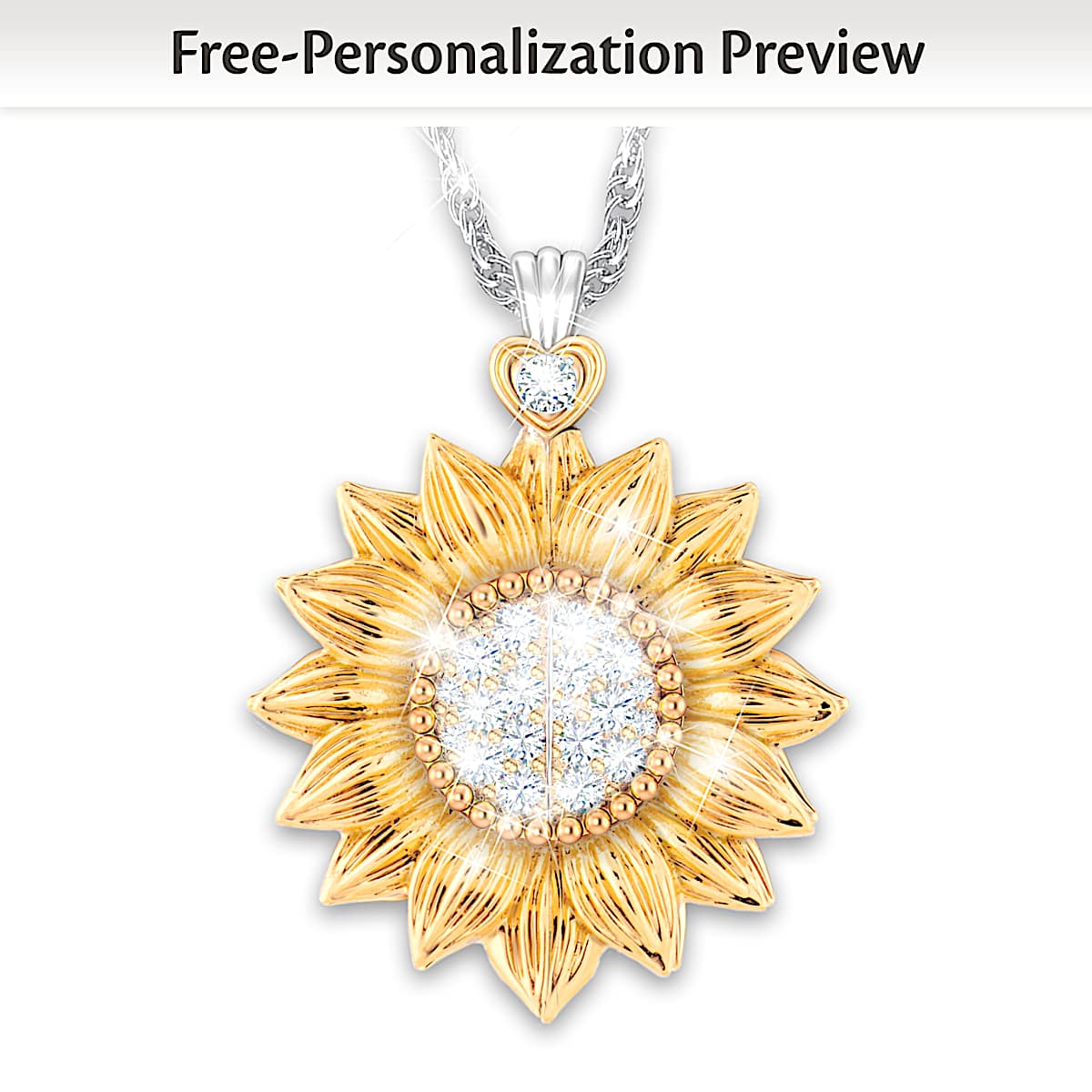 18K Gold Plated And Platinum Plated Personalized Sunflower Locket Pendant Adorned With 15 Crystals