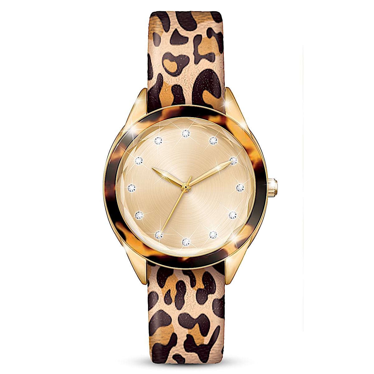 Gold Tone Tortoise Shell Print Watch Featuring Crystal Hour Markers Reversible Leopard Print Strap