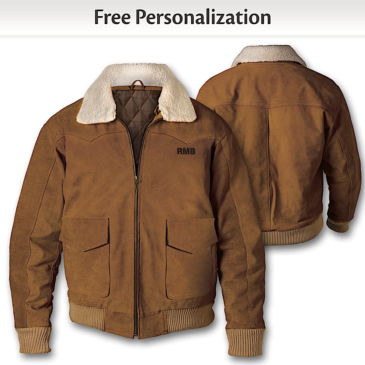 Brown Suede Bomber Jacket Featuring A Removable Ivory Sherpa Collar And Personalized With 3 Initials