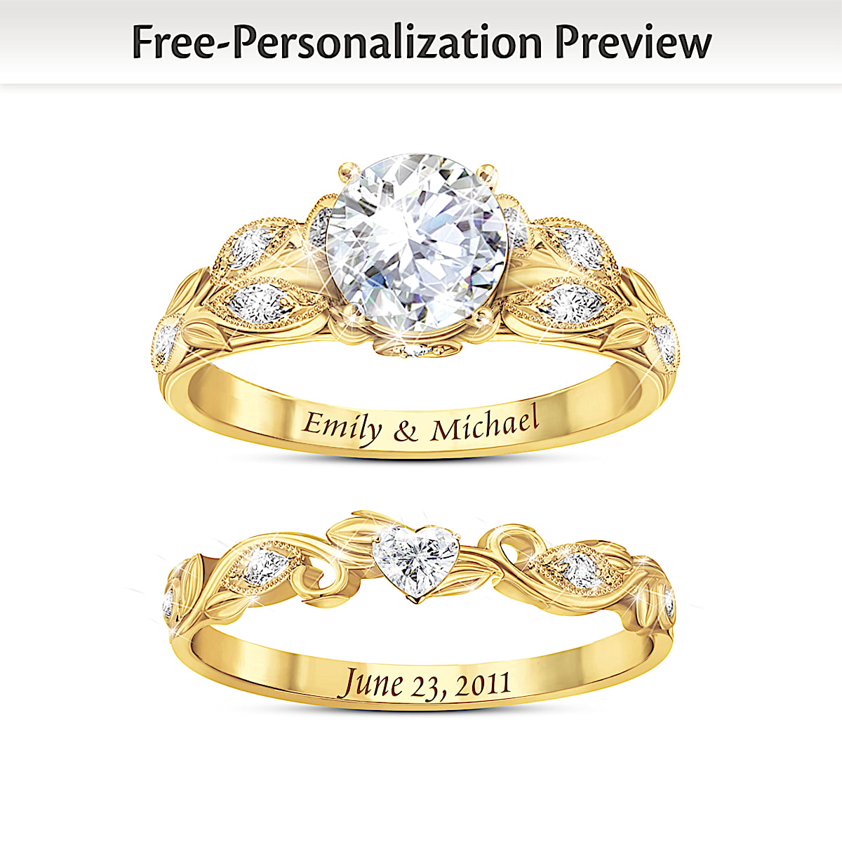 Womens Personalized 18K Gold Plated Floral Wedding Ring Set