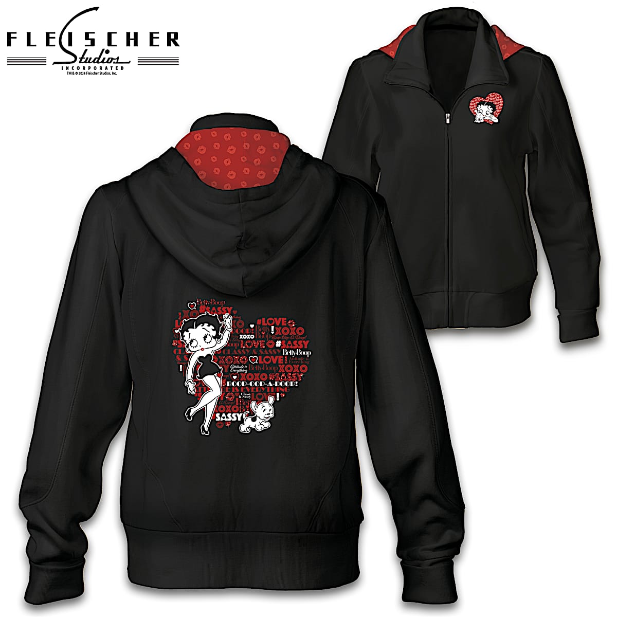 Black Cotton Blend Full Zip Jacket Featuring Betty Boop And Pudgy Art And A Red Jersey Lined Hood