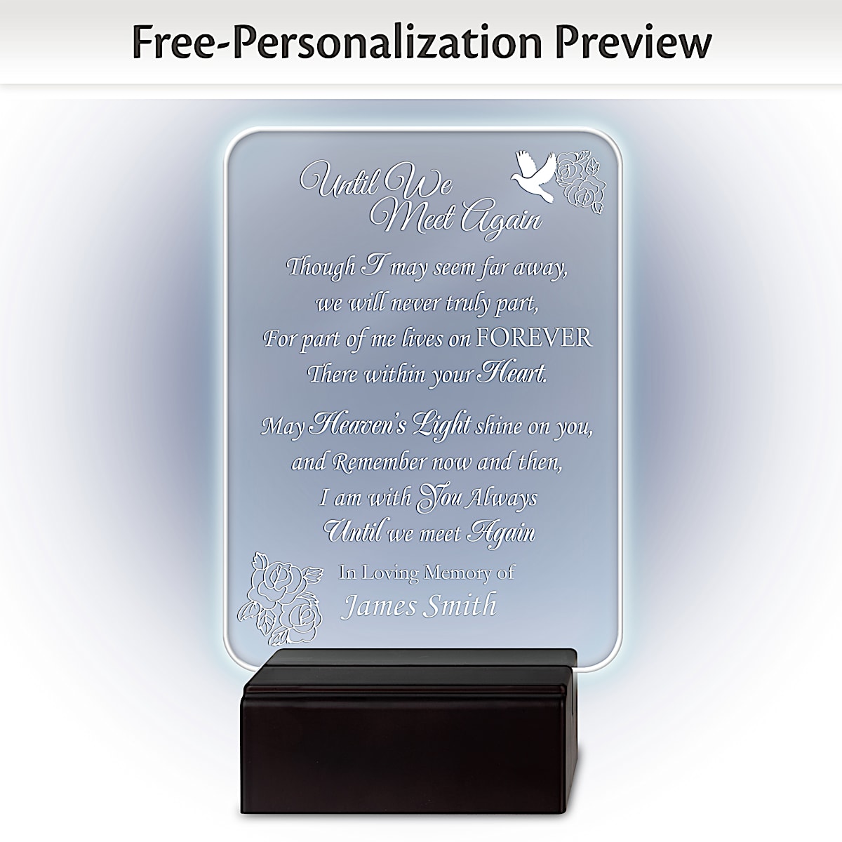 Illuminated Glass Memorial Plaque With A Comforting Message And