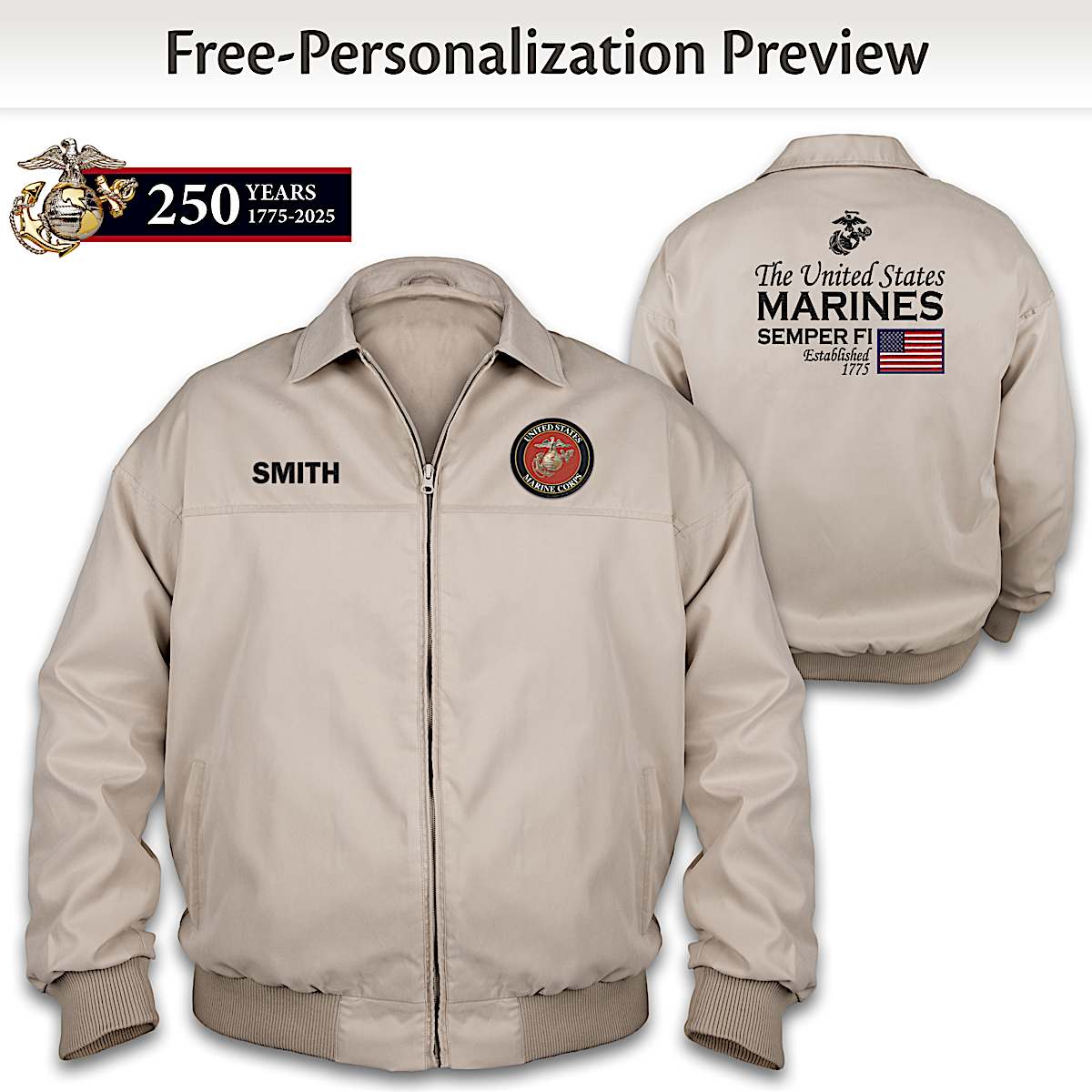 U.S. Marines Mens Tan Jacket With A USMC Emblem Patch And Personalized With Your Name On The Front