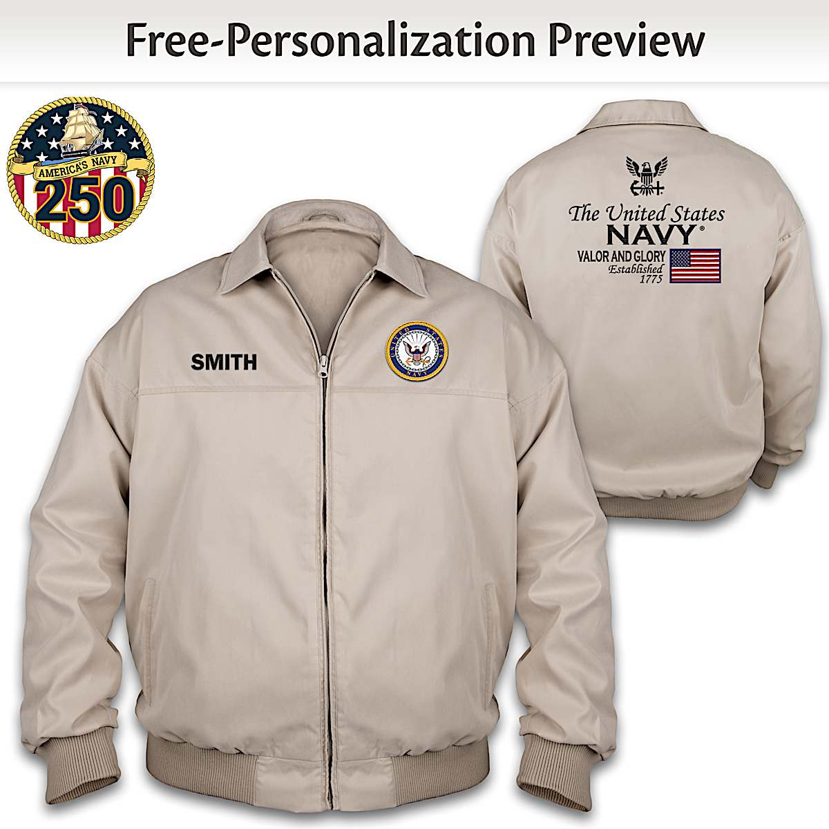 U.S. Navy Tan Jacket With A U.S. Navy Emblem Patch And