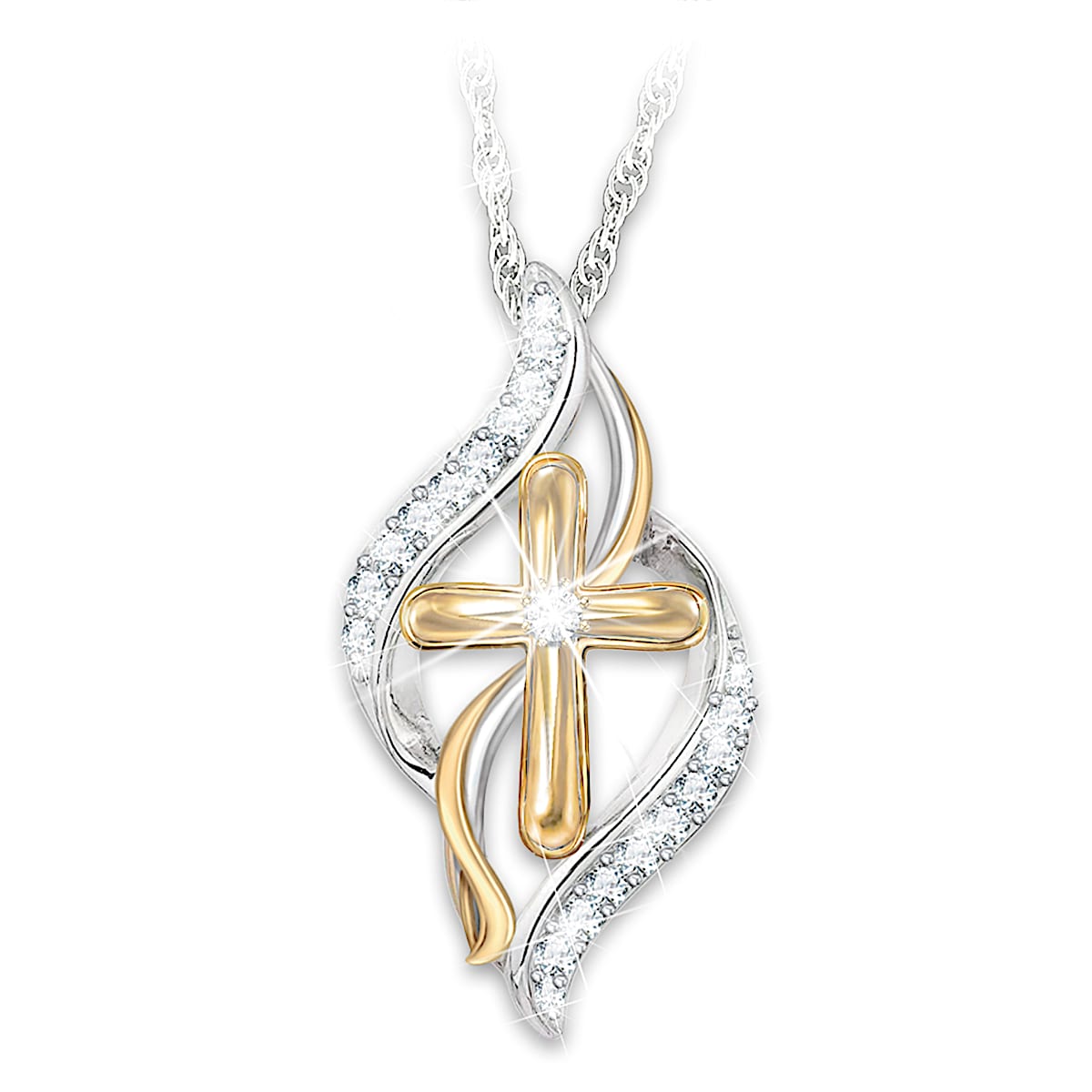 18K Gold-Plated Cross Pendant Adorned With A White Diamond