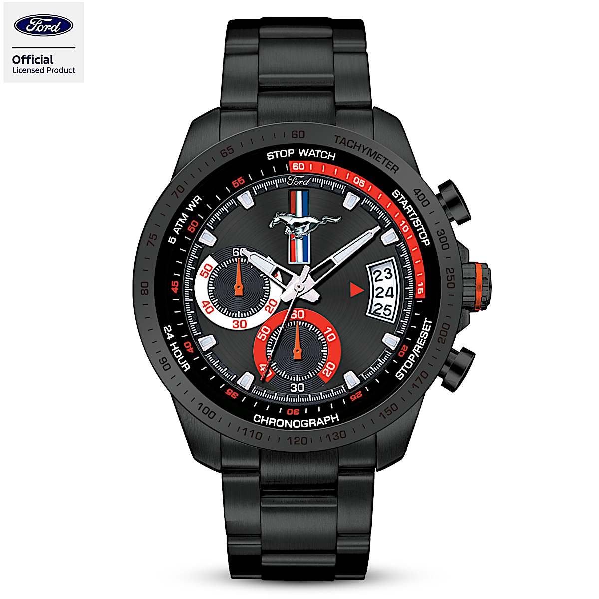 Black Stainless Steel Watch Featuring The Ford Mustang Logo With A  display picture 1