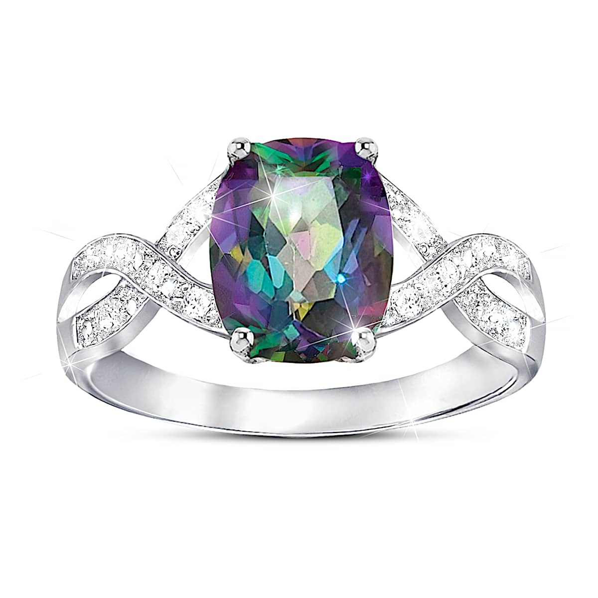 Sterling Silver Ring Adorned With A 4-Carat Mystic Topaz Center Stone And  12 White Topaz Accents