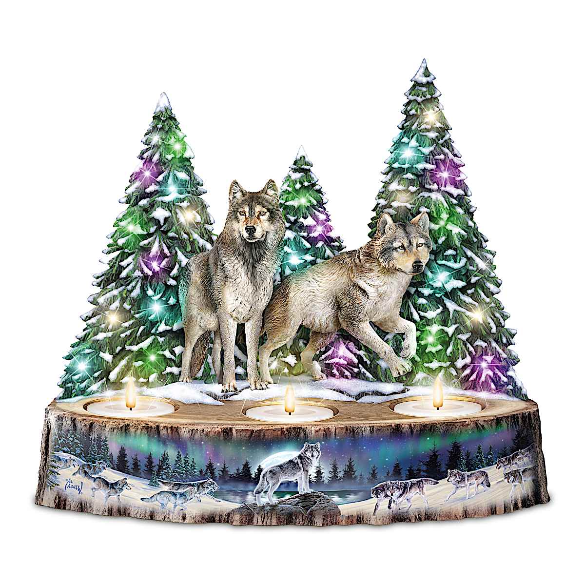 Guardians Of The Night Wolf Centerpiece With LEDs And Flameless