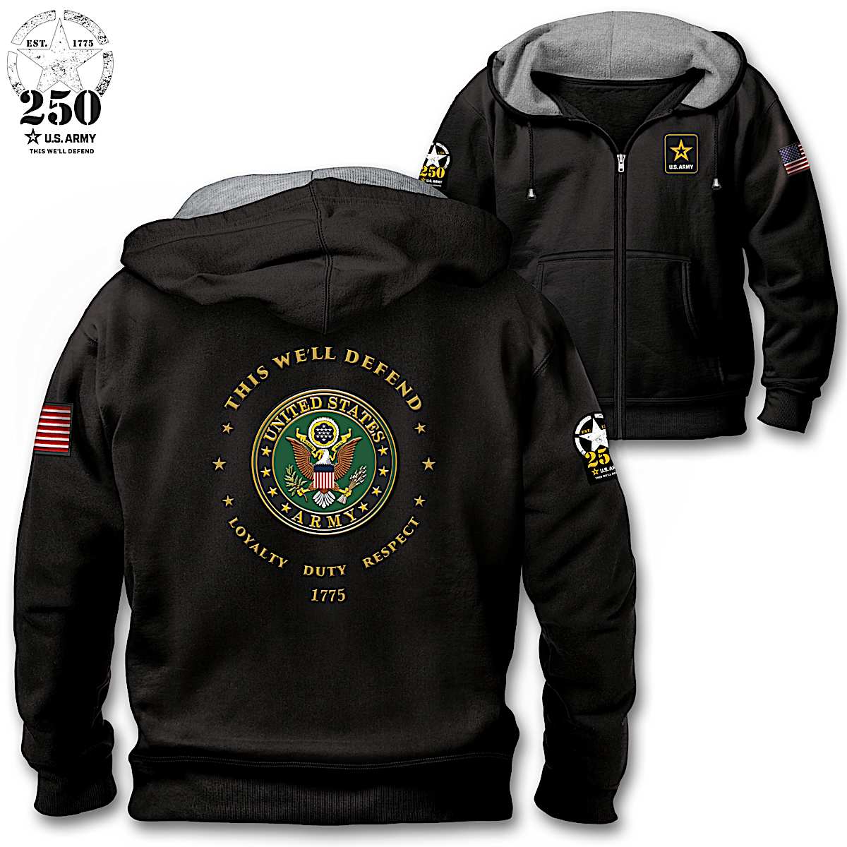 Mens Black U.S. Army Full-Zip Hoodie With An Applique Patch In 