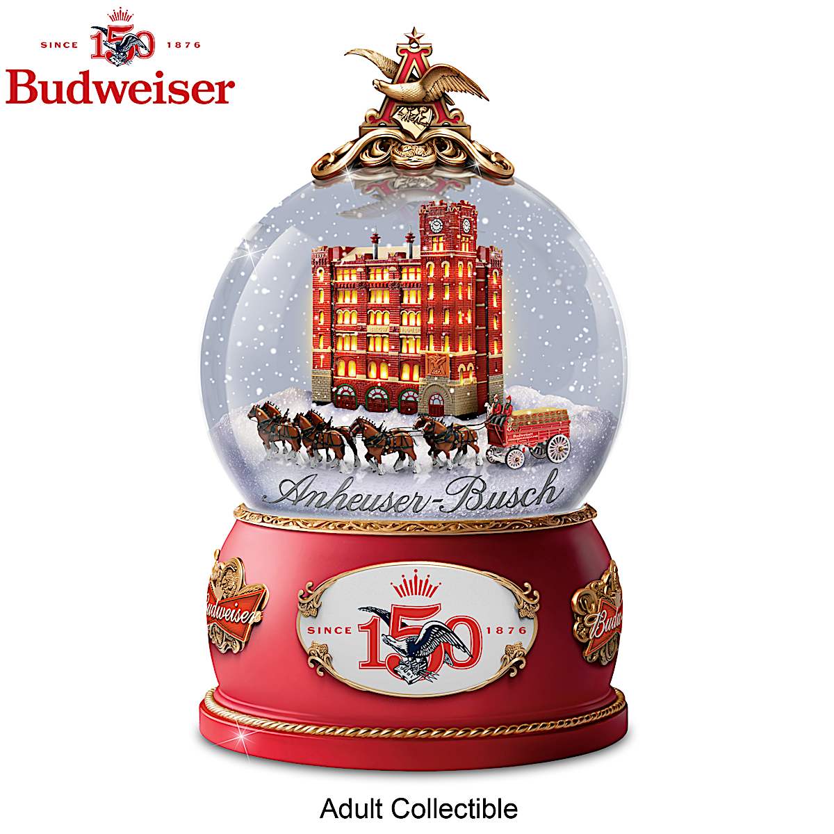 Illuminated Budweiser Snowglobe Featuring The Iconic Clydesdales