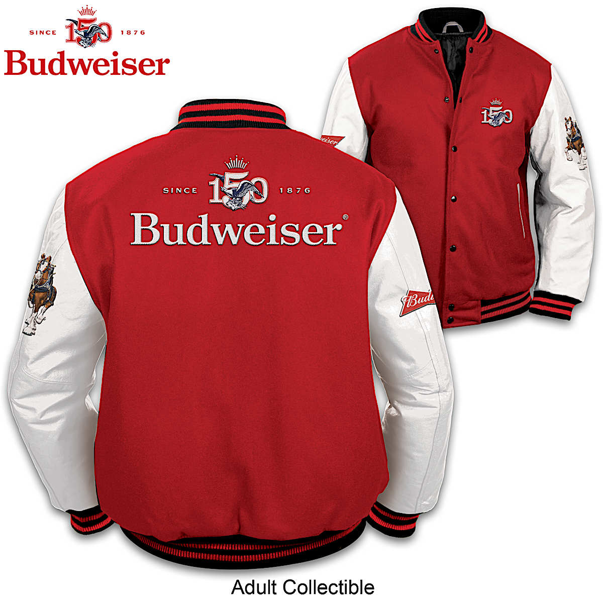 Red Budweiser® Varsity Jacket With White Faux Leather Sleeves And