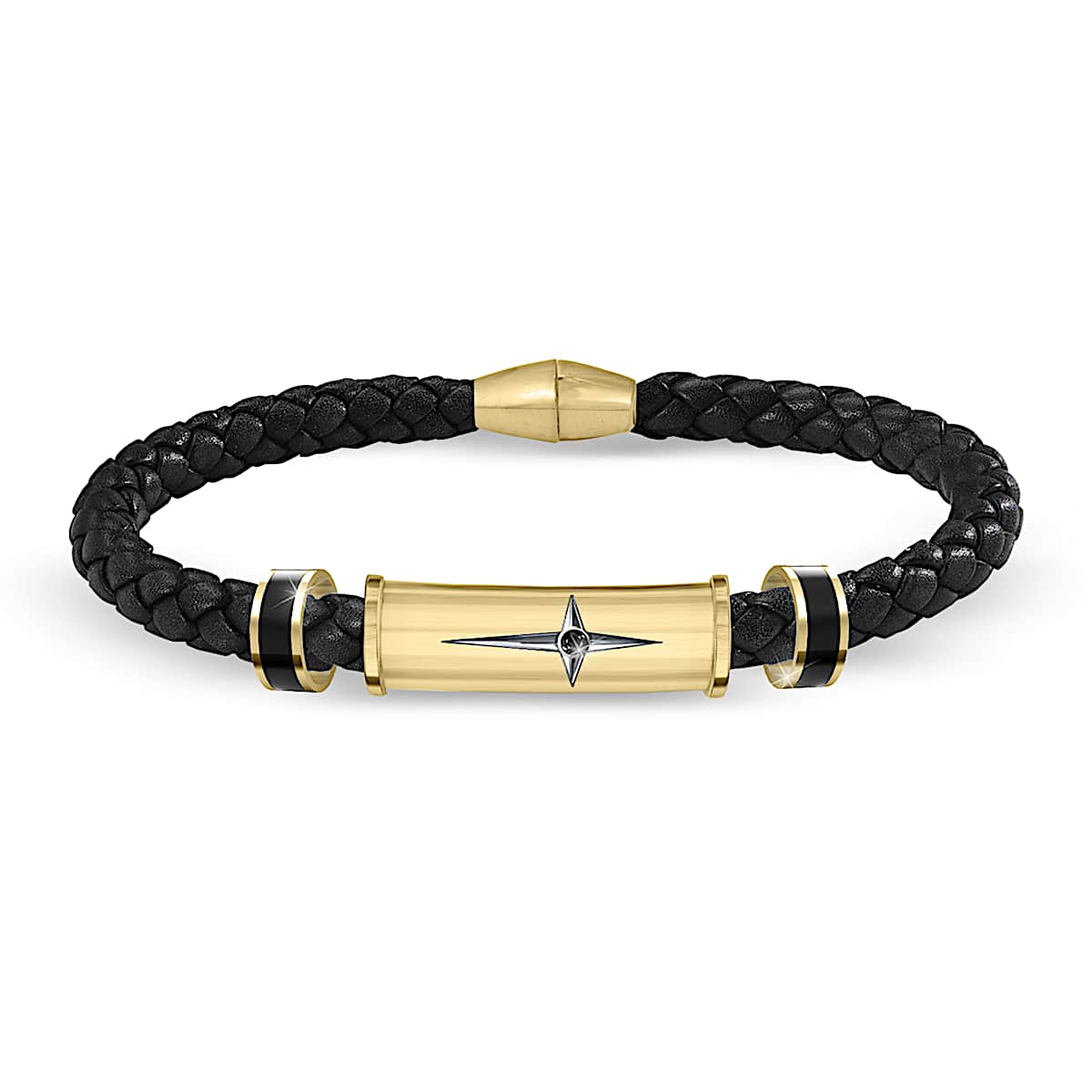 Black Leather Bracelet With A 24K Gold Ion-Plated Cylinder Etched