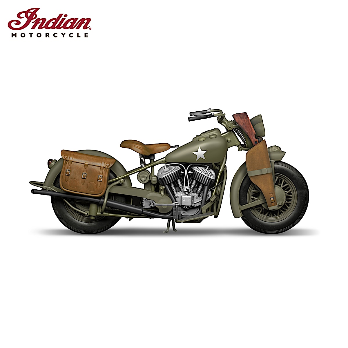 1 6 Scale WWII Indian Chief Motorcycle Sculpture With Authentic Military Paint Scheme Custom Gun Scabbard