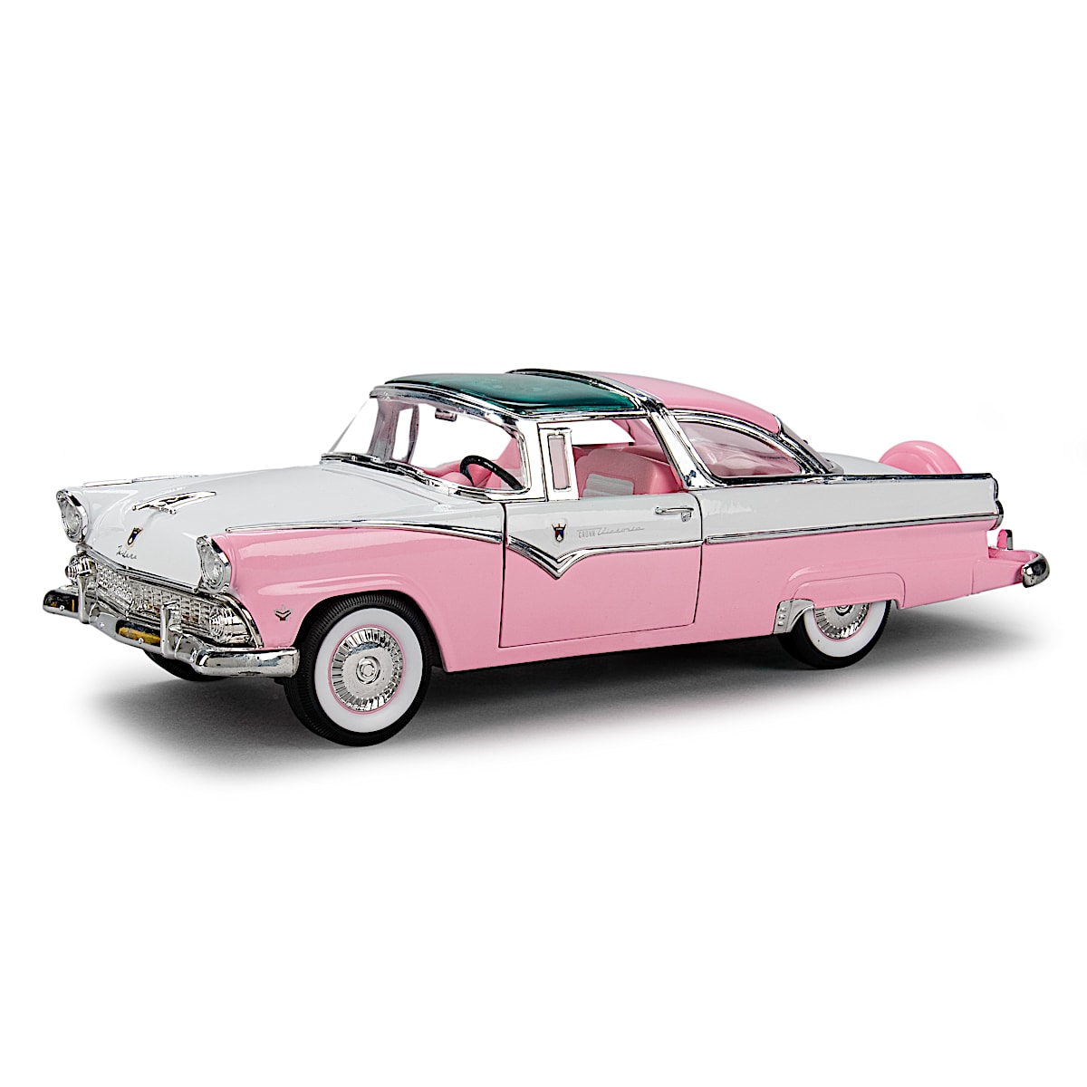 1955 Ford Fairlane Crown Victoria 1 18 Scale Diecast Car With Tropical Rose Snowshoe White Finish