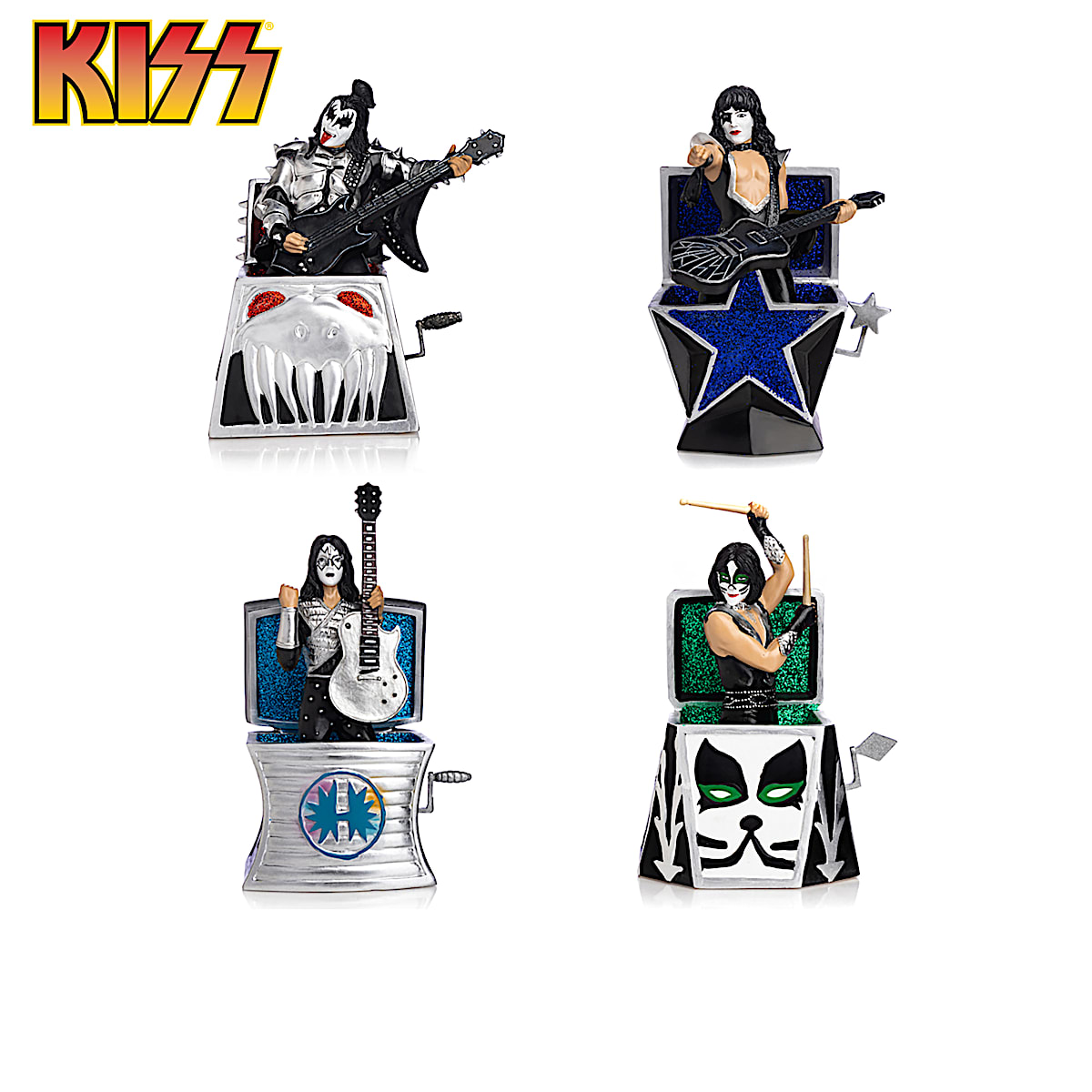 Jack In The Rock Sculpture Collection Portraying KISS Band Members As  Jack-In-The-Box Style Sculptures With Glittery Accents And Metallic Finishes