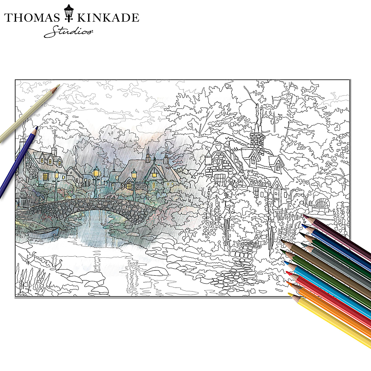 Thomas Kinkade Artistic Escapes Adult Coloring Pencil Kit Collection