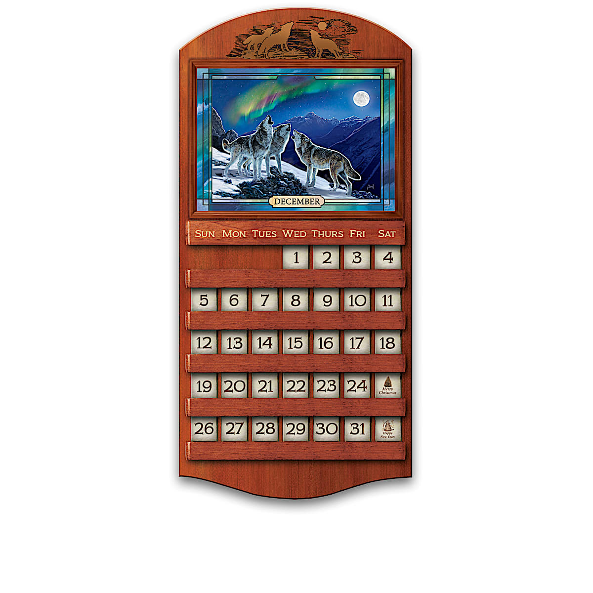 Secrets Of The Wild Illuminated Perpetual Calendar Collection Featuring  Stained Glass Panels Adorned With Wolf Art By Al Agnew With Wooden Display
