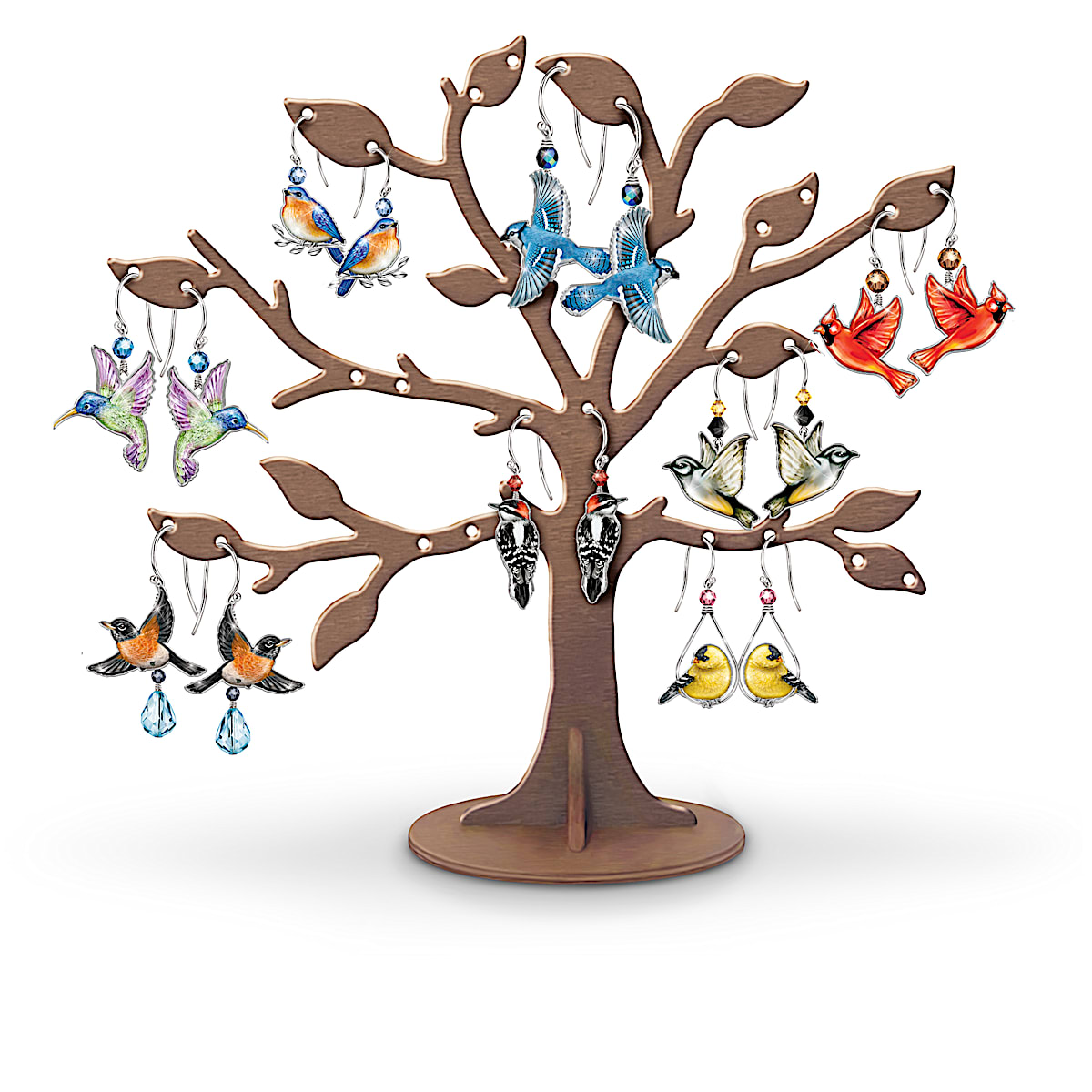 Seasonal Bird Earring Collection With Wooden Tree Display