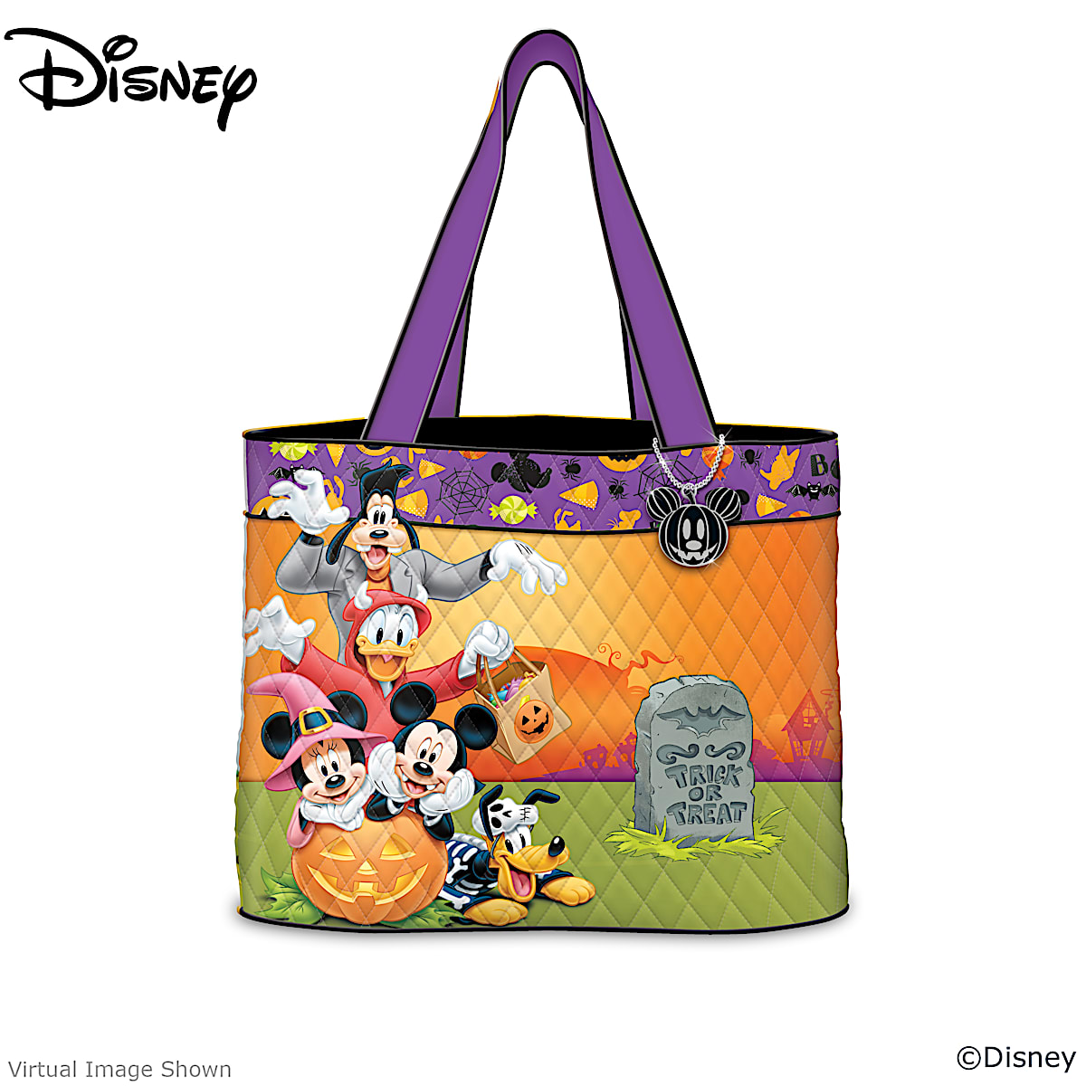 Disney Mickey Friends Diamond Quilted Tote Bag Collection Adorned With Colorful Disney Character Art And Matching Charms