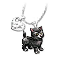 Black Cat Diamond Pendant Necklace: Legs & Tail Move