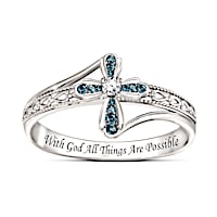 Engraved "Heavenly Grace" Genuine Blue Diamond Cross Ring