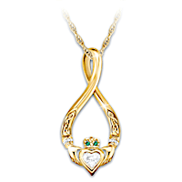 3 Diamonds & 2 Emeralds Claddagh Infinity Pendant Necklace