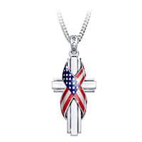 "God Bless America" Patriotic Cross Diamond Pendant Necklace