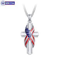 "God Bless America" Patriotic Cross Diamond Pendant Necklace