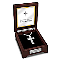 "Blessed Grandson" White Sapphire Cross Pendant Necklace