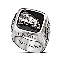 USMC Bulldog Semper Fi Stainless Steel Ring With Black Onyx Inlay