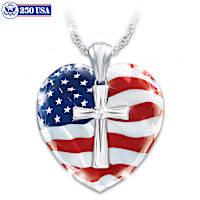 "God Bless America" Diamond Cross Heart Pendant Necklace