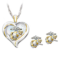 "Heart Of The USMC" Pendant Necklace and Earrings Set