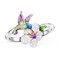 Hand-Enameled Sculpted Hummingbird & Flower Ring