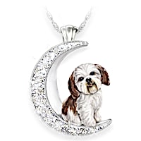 Shih Tzu Pup Swarovski Crystal Moon Pendant Necklace