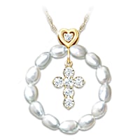 Cultured Freshwater Pearl And Diamond Cross Pendant Necklace